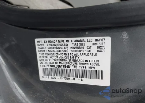2007 Honda Odyssey Ex-L from USA, damaged, VIN 5FNRL38617B451975